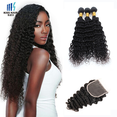 

kisshair virgin Brazilian human hair extension deep wave nature black 3 bundles with closure