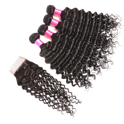 

BHF hair Virgin Peruvian Hair With Closure Deep Curly Lace Middle Part 4 Bundles With Closure