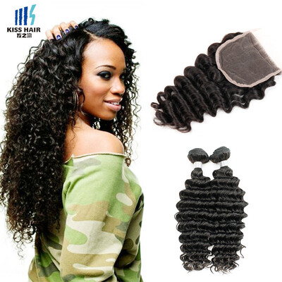 

kisshair deep wave raw Indian human hair 2 pcslot bundles hair with 44 lace closure