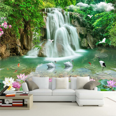 

Custom Photo Mural Wallpaper HD Waterfall River White Swan Green Tree Nature Pastoral Landscape 3D Mural Wallpaper For Walls 3 D