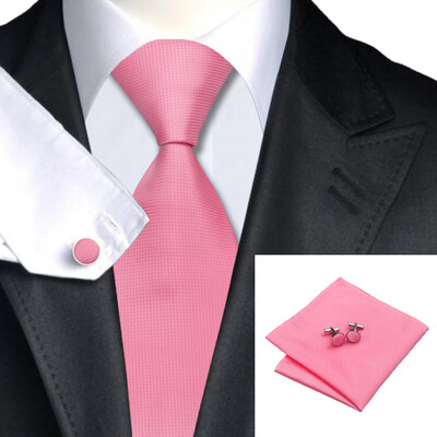 

N-0401 Vogue Men Silk Tie Set Pink Solid Necktie Handkerchief Cufflinks Set Ties For Men Formal Wedding Business wholesale