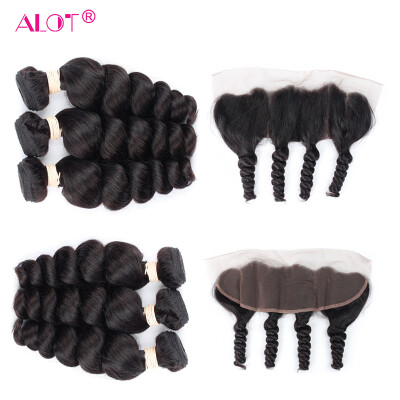 

Alot Hair Indian 3 Bundles Loose Wave with Frontal Loose Wave с закрытием 13x4 7A Вибрация человеческих волос Virgin с закрытием