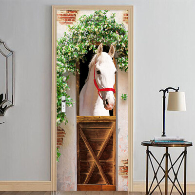 

Photo Wallpaper 3D Stereo White Horse Mural Door Sticker DIY Home Decor PVC Self Adhesive living Room Bedroom Sticker 77cmx200cm