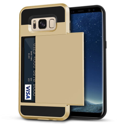 

Samsung Galaxy S8 Plus Case, Wallet Slide Cover [Card Pocket] Hard Shell Shockproof Rubber Bumper Slidable Card Slot Holder Gold