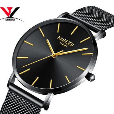 

NIBOSI Men Blue Watch Ultra thin Fashion Male Wristwatch Mesh Watchband Business Watches Waterproof Black Clock Relogios Quartzo