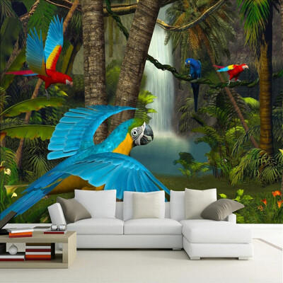 

Personalized Customization Primeval forest parrot Waterfalls Photo Mural Wallpaper Living Room Hotel Backdrop Wall Decor Mural