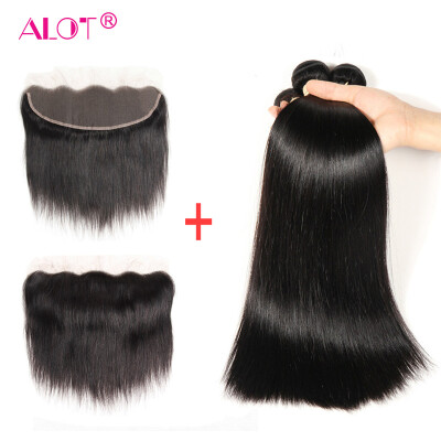 

ALot Hair Malaysian Straight Hair 3 bundles with Lace Frontal 13*4 100% Human Hair Bundles With Closure Frontal Natural Black