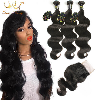 

Queen Berry Hight Quality Malaysian Body Wave 3 Bundles With Closure Unprocessed Human Hair Selling Online