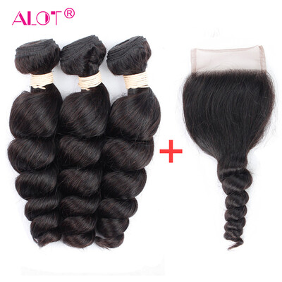 

ALot Hair 3 Bundles Loose Wave с кружевным закрытием Малайзийский Virgin Loose Curl с закрытием 4x4 Человеческие волосы с закрытием