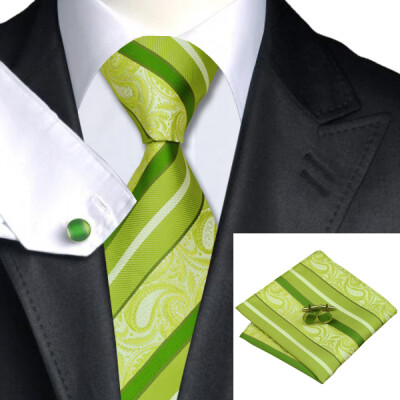 

N-0452 Vogue Men Silk Tie Set Green Stripe Necktie Handkerchief Cufflinks Set Ties For Men Formal Wedding Business wholesale