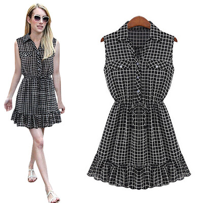 

Lovaru ™2015 new casual turn-down collar sleeveless plaid summer street snap style simple women's dresses