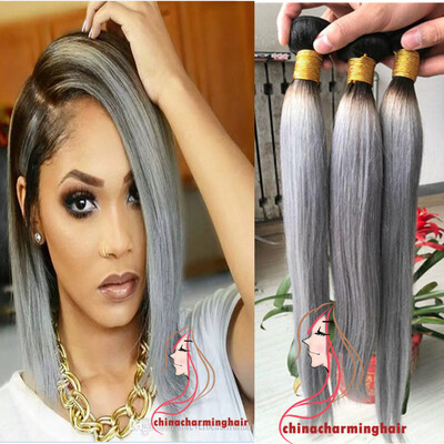 

HOT Sale Top Grade Silky Straight Ombre Grey weave Human Hair Extensions 3 Pcs 1B Grey ombre human hair dark roots bundles