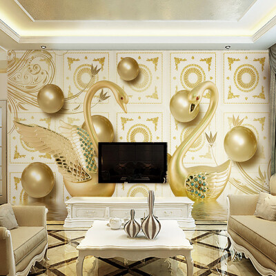 

Custom Wallpaper Murals 3D Stereoscopic Gold Ball Swan Luxury European Style Living Room TV Background Wall Mural De Parede 3D