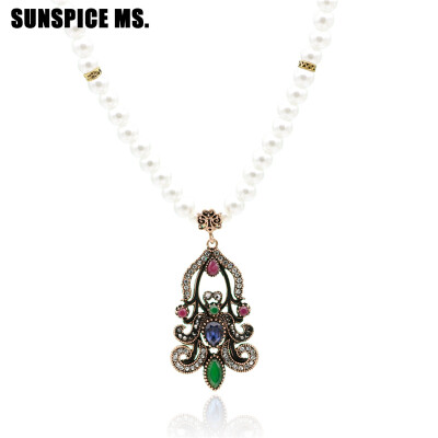 

SUNSPICE MS Turkish Ethnic Imitation Pearl Necklace Women Antique Gold Resin Beads Choker Vintage Inidan Jewelry Banquet Chain