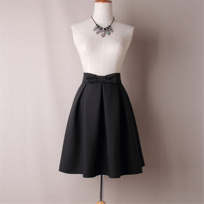 

BACHASH Elegant Women Skirt High Waist Pleated Knee Length Skirt Vintage A Line Big Bow Red Black Side Zipper Skater Skirts Red