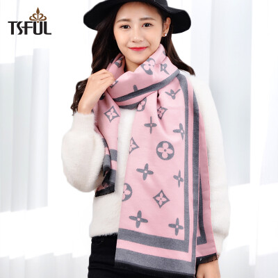 

Tsful scarf female winter shawl dual-use thickening scarf Korean version of the long section of warm fashion student large scarf TS615WJA pattern - powder gray