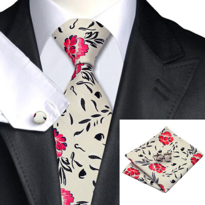 

N-0225 Vogue Men Silk Tie Set Black Red Floral Necktie Handkerchief Cufflinks Set Ties For Men Formal Wedding Business wholesa