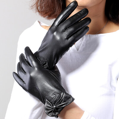 

Crocodile shirt CROCODILE sheepskin ladies plus velvet bow points finger gloves winter 19311002-02B black M code