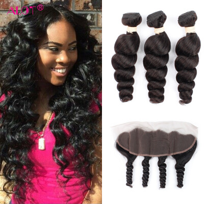 

Brazilian Virgin loose wave 3 Bundle Hair with Closure Frontal ear to ear Natural Black Human Hari Bundle with Closure