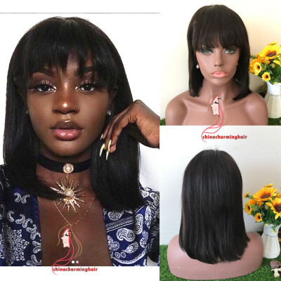 

Short Brazilian Lace Front Human Hair Wigs With Bangs Bob Lace Wigs For Black Women Natural Black Color