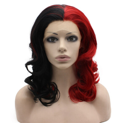 

Iwona Synthetic Hair Lace Front Medium Long Wavy Half Black Red Two Tone Wig