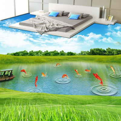 

Free Shipping Grass Carp Streams Stereo Painting Flooringmoisture-proof bathroom living room flooring wallpaper mural 250cmx200cm
