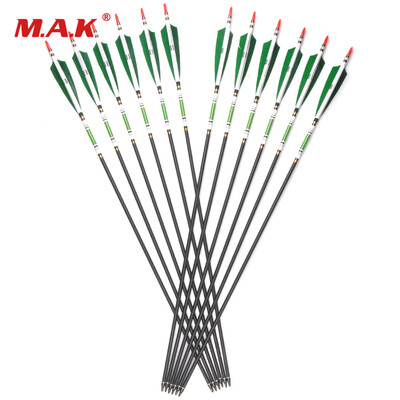 

12 pcs 80cm Spine 500 Carbon Arrows OD76mm ID62mm with 2 Green&1 White Turkey Feather for Hunting Shooting Archery
