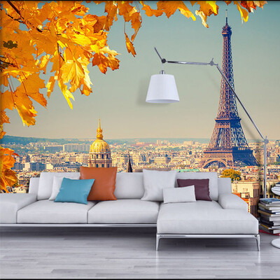 

Пользовательские обои 3D Mural для стены соломы Европейский Город Эйфелева башня Желтые листья Обои Современный интерьер комнаты Home Decor