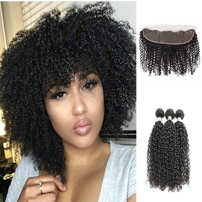 

kisshair mink Brazilian human hair kinky curly hair weaving 3 bundles with lace frontal remy ear to ear 413 lace frontal