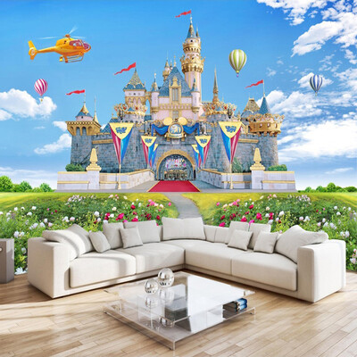 

Children's Room 3D Stereo Castle Backdrop Wall Mural Blue Sky And White Clouds Green Grass Landscape Photo Wallpaper Home Decor