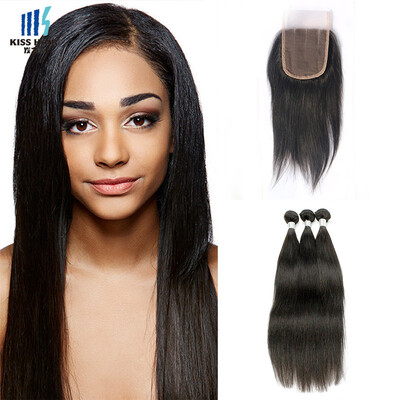 

kiss hair silky straight remy hair weft nature color raw Indian human hair weaving 3 bundles with lace closure hair extension