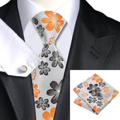 

N-1016 Vogue Men Silk Tie Set Brown Floral Necktie Handkerchief Cufflinks Set Ties For Men Formal Wedding Business wholesale