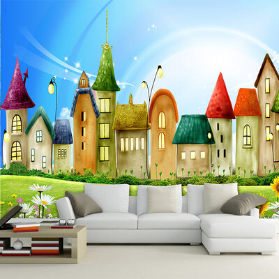 

Custom Mural Wallpaper Roll 3D Embossed Non-woven Cartoon House Bright Color Mural Kids Wall Paper Home Decor TV Sofa Backdrop