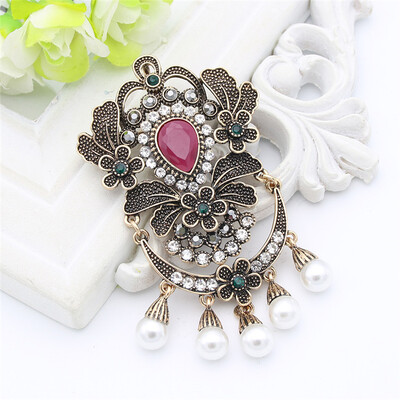 

Vintage Turkish Women Big Resin Simulated-Pearl Brooch Pin Flower Подвеска Ювелирные изделия Античное золото Цвет Индия Невеста Эт