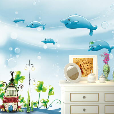 

Custom Mural 3D Cartoon Childrens Room Non-woven Background Wallpaper Blue Dolphin Underwater World Of Boys And Girls Wallpaper