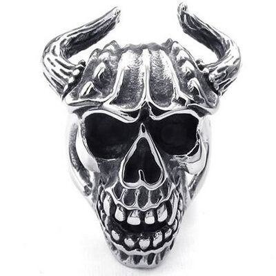 

Hpolw Mens silver&black Stainless Steel casting Elegant personality Skull Ox horn deft design Ring