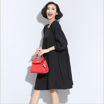 

Lovaru ™ large size women's solid color chiffon shirt dress long section of loose long-sleeved pleated skirt