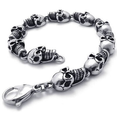 

Hpolw Heavy Vintage Silver Black Biker Gothic Skull Stainless Steel Mens Bracelet