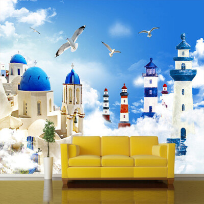 

Custom Photo Mediterranean Style Cartoon Lighthouse Seagulls TV Background Wall Painting Decor Children Room Mural Wallpaper 3D