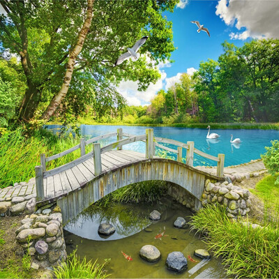 

Custom Wall Mural Wall Papers Home Decor Small Bridge Lake Water 3D Nature Landscape Photo Background Wall Painting Wallpaper