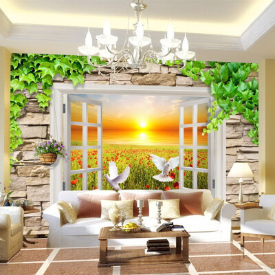 

Custom Wallpaper For Wall 3D Stereoscopic Window View Landscape Sunset Rose Field Brick Photo Non-woven Wall Mural Home Decor