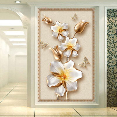 

3D Stereoscopic Luxury Gold Flower Jewelry Photo Mural Wallpaper European Style Hotel Living Room Entrance Backdrop Wall Papers