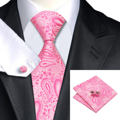 

N-0379 Vogue Men Silk Tie Set Pink Paisley Necktie Handkerchief Cufflinks Set Ties For Men Formal Wedding Business wholesale