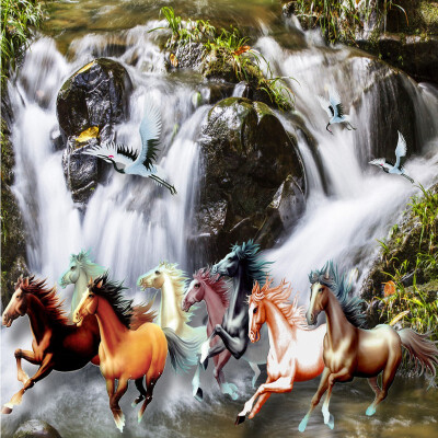 

Free Shipping Flow water horse waterfall flooring painting tea house bedroom self-adhesive floor wallpaper mural 250cmx200cm