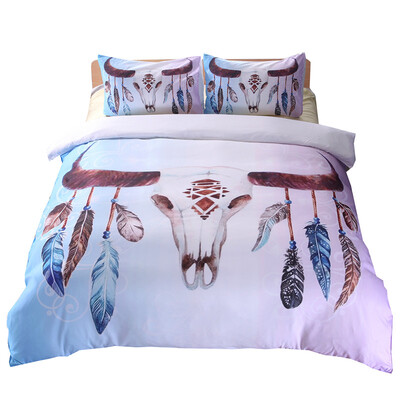 

iDouillet Skull Feathers Bedding Set 3 or 2 pcs Tribal Boho Chic Reversible Duver Cover & Pillowcases Twin Queen King Double Size