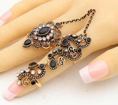 

Vintage Flower Turkish Rings Adjustable Size Women Colorful Resin Antique Gold Jewelry Link Two Fingers Ring Festival Anillos