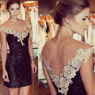 

Lovaru ™white flower lace V-neck and backless black glisten dress Net Yarn Sheer Patchwork Sequined Bodycon Dress