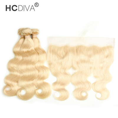 

HCDIVA Hair Blonde Body Wave Lace Frontal Closure with 3 Bundle Brazilian Virgin Human Hair Weaving Color 613 Honey Blonde