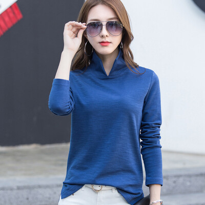 

2018 spring new stand-collar T-shirt solid color long-sleeved simple loose casual shirt