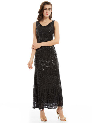 

CAZDZY V Neck A-Line Sequins Ankle-Length Evening Dress